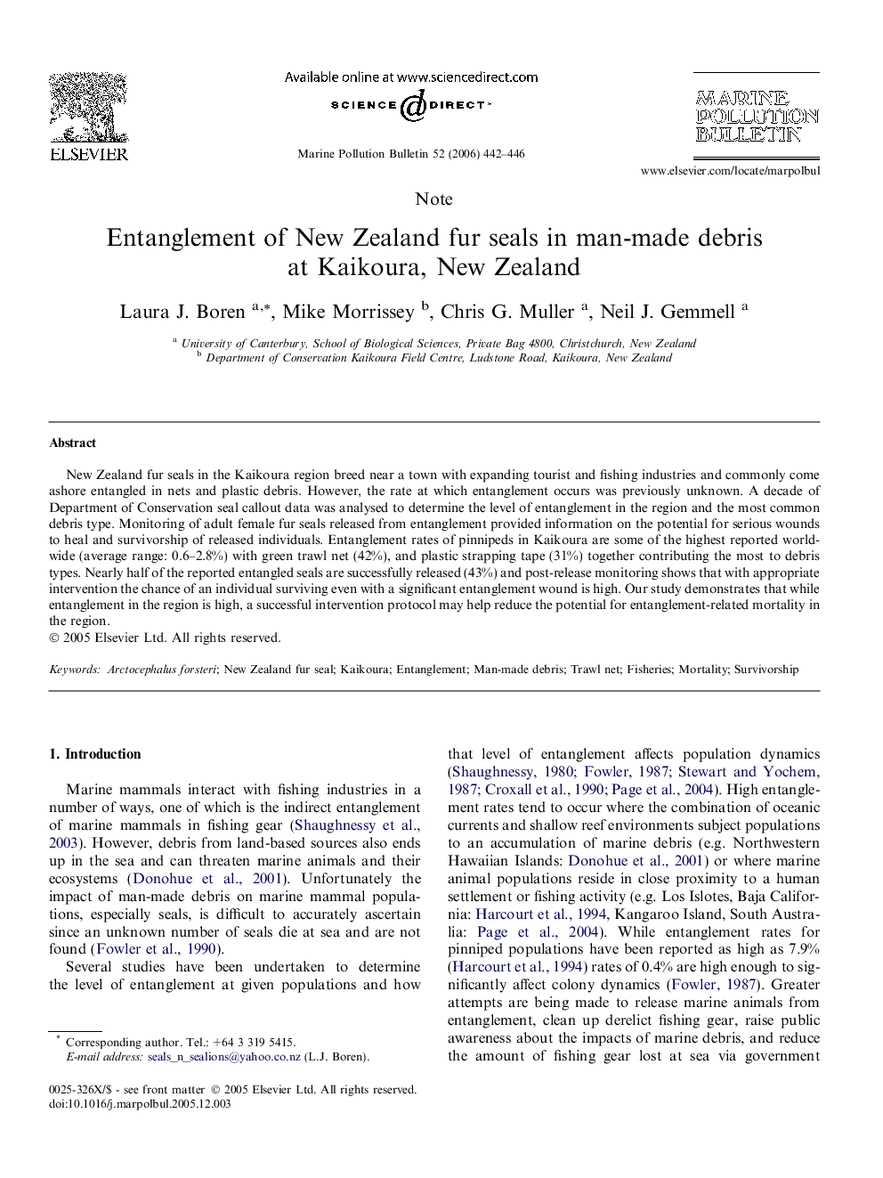 Entanglement of New Zealand fur seals in man-made debris at Kaikoura, New Zealand