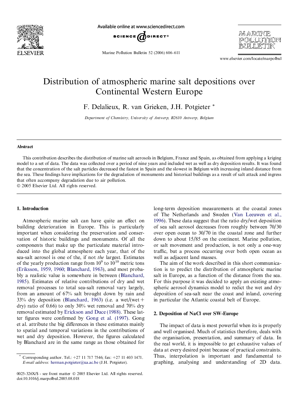 Distribution of atmospheric marine salt depositions over Continental Western Europe