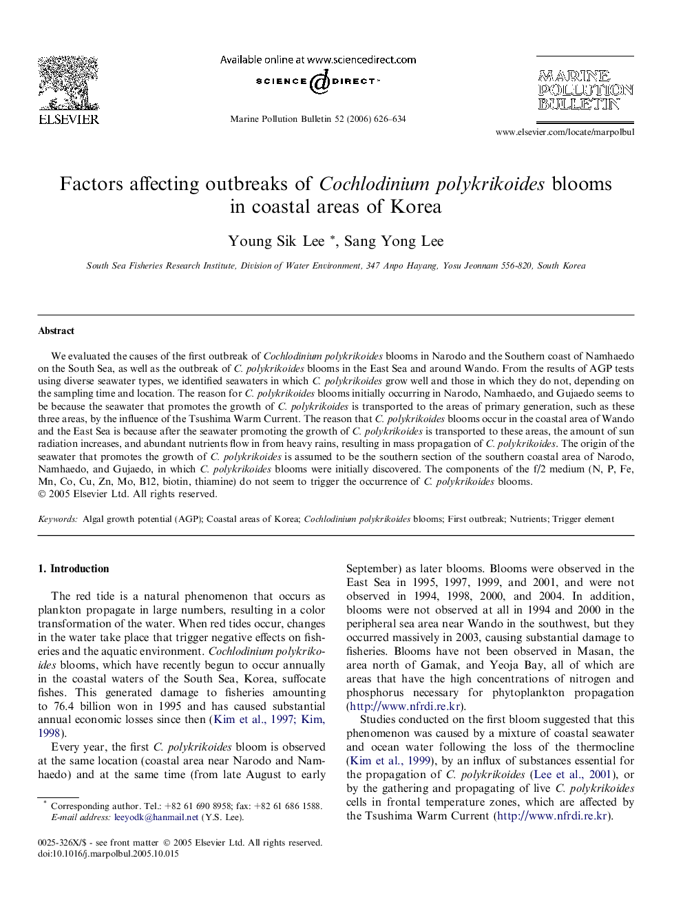 Factors affecting outbreaks of Cochlodinium polykrikoides blooms in coastal areas of Korea