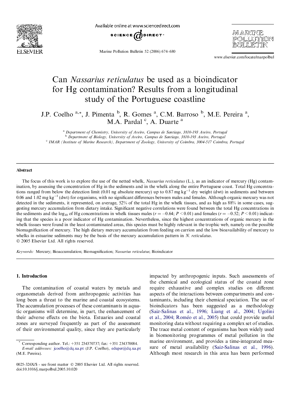 Can Nassarius reticulatus be used as a bioindicator for Hg contamination? Results from a longitudinal study of the Portuguese coastline