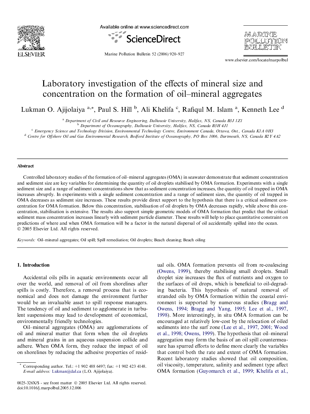 Laboratory investigation of the effects of mineral size and concentration on the formation of oil–mineral aggregates