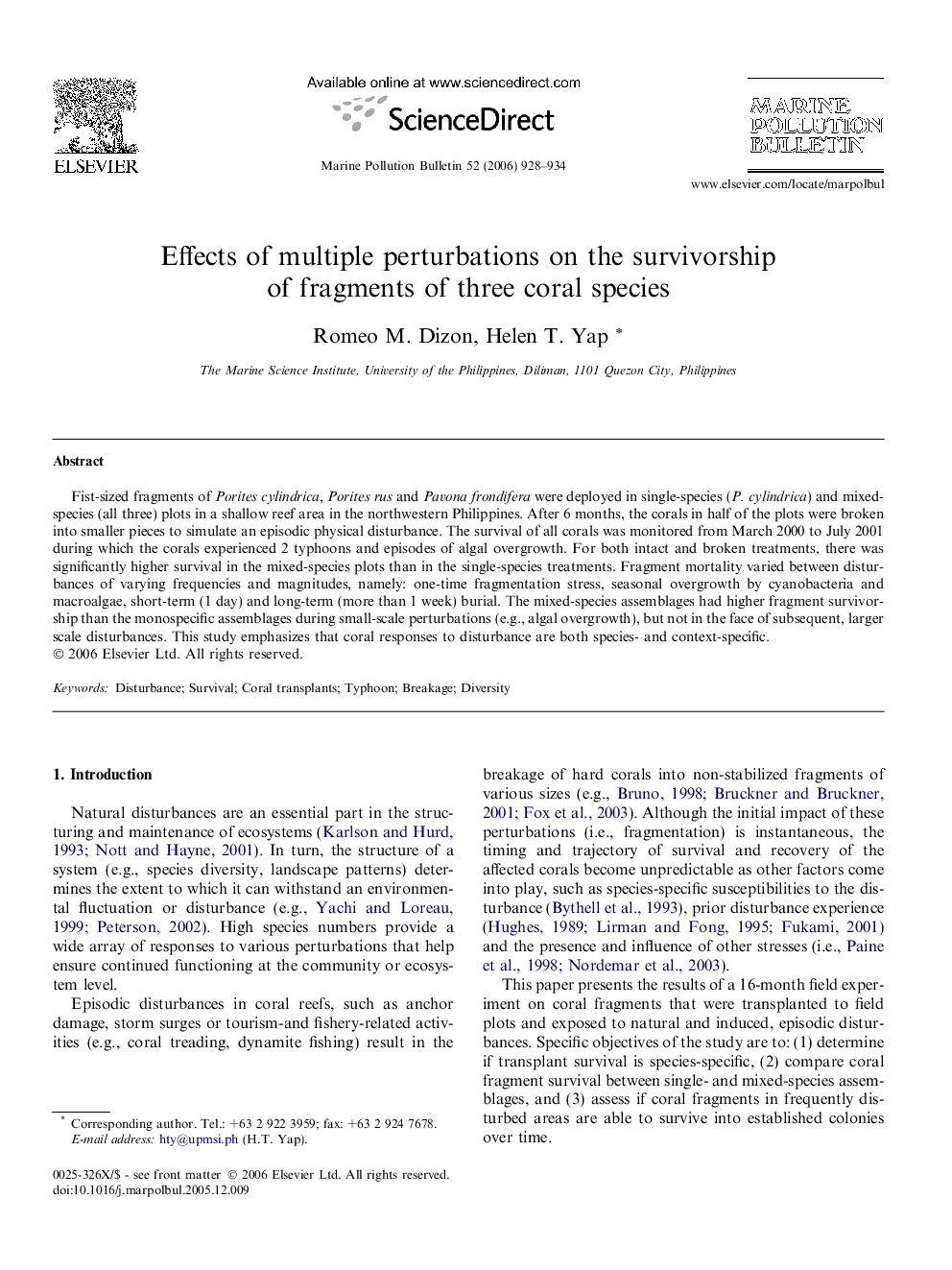 Effects of multiple perturbations on the survivorship of fragments of three coral species