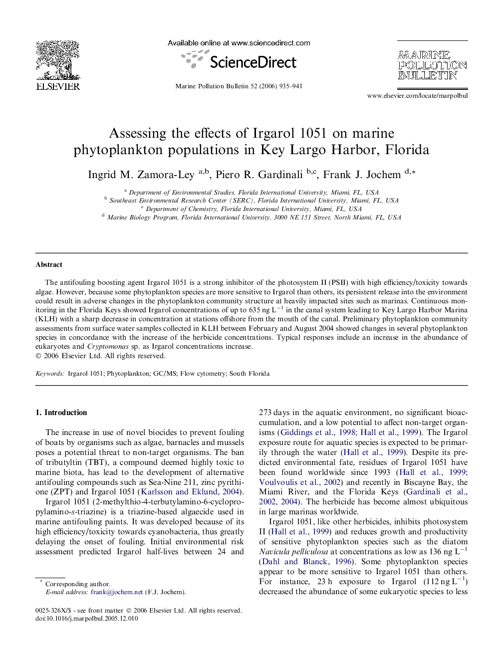 Assessing the effects of Irgarol 1051 on marine phytoplankton populations in Key Largo Harbor, Florida