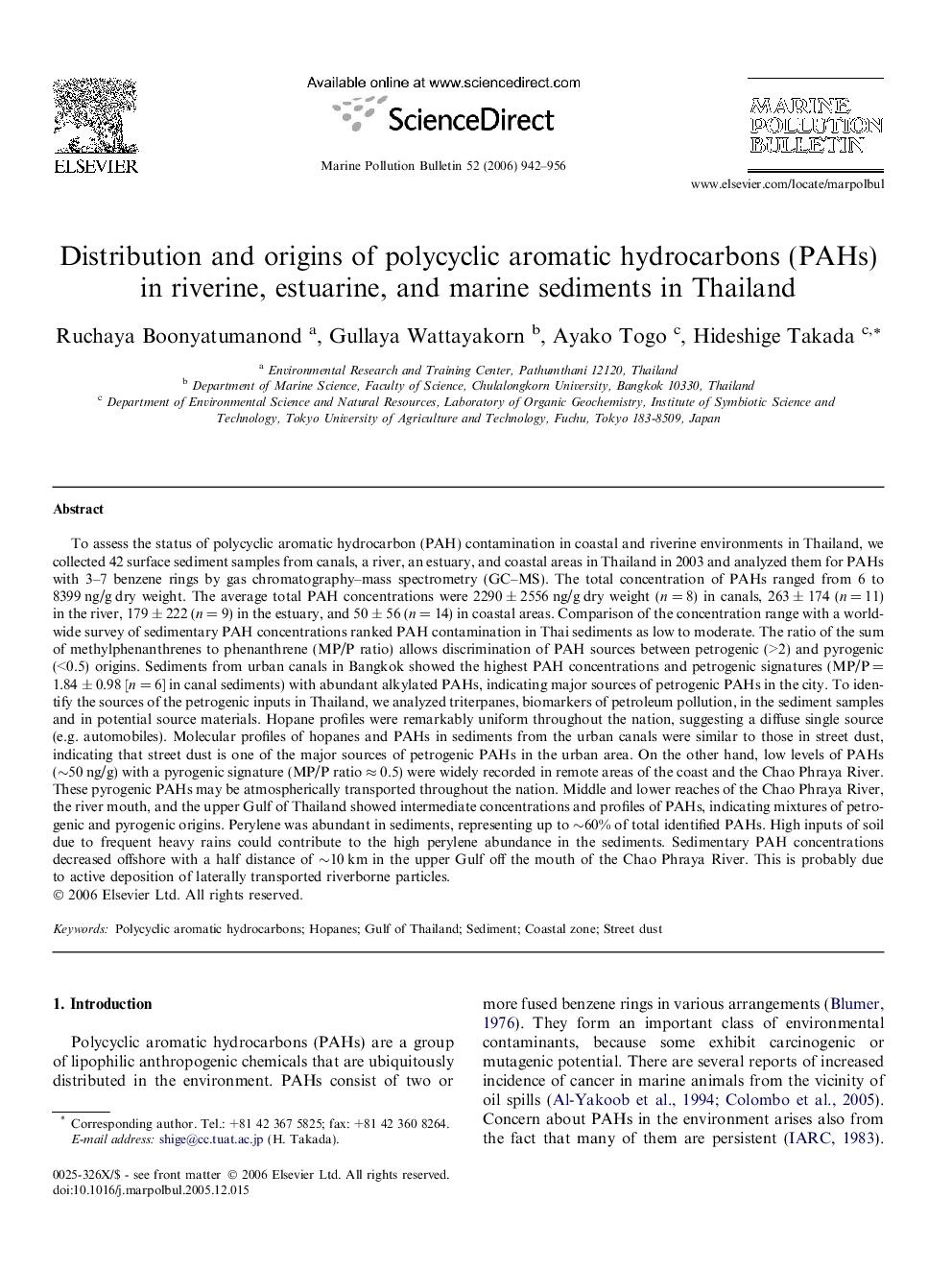 Distribution and origins of polycyclic aromatic hydrocarbons (PAHs) in riverine, estuarine, and marine sediments in Thailand