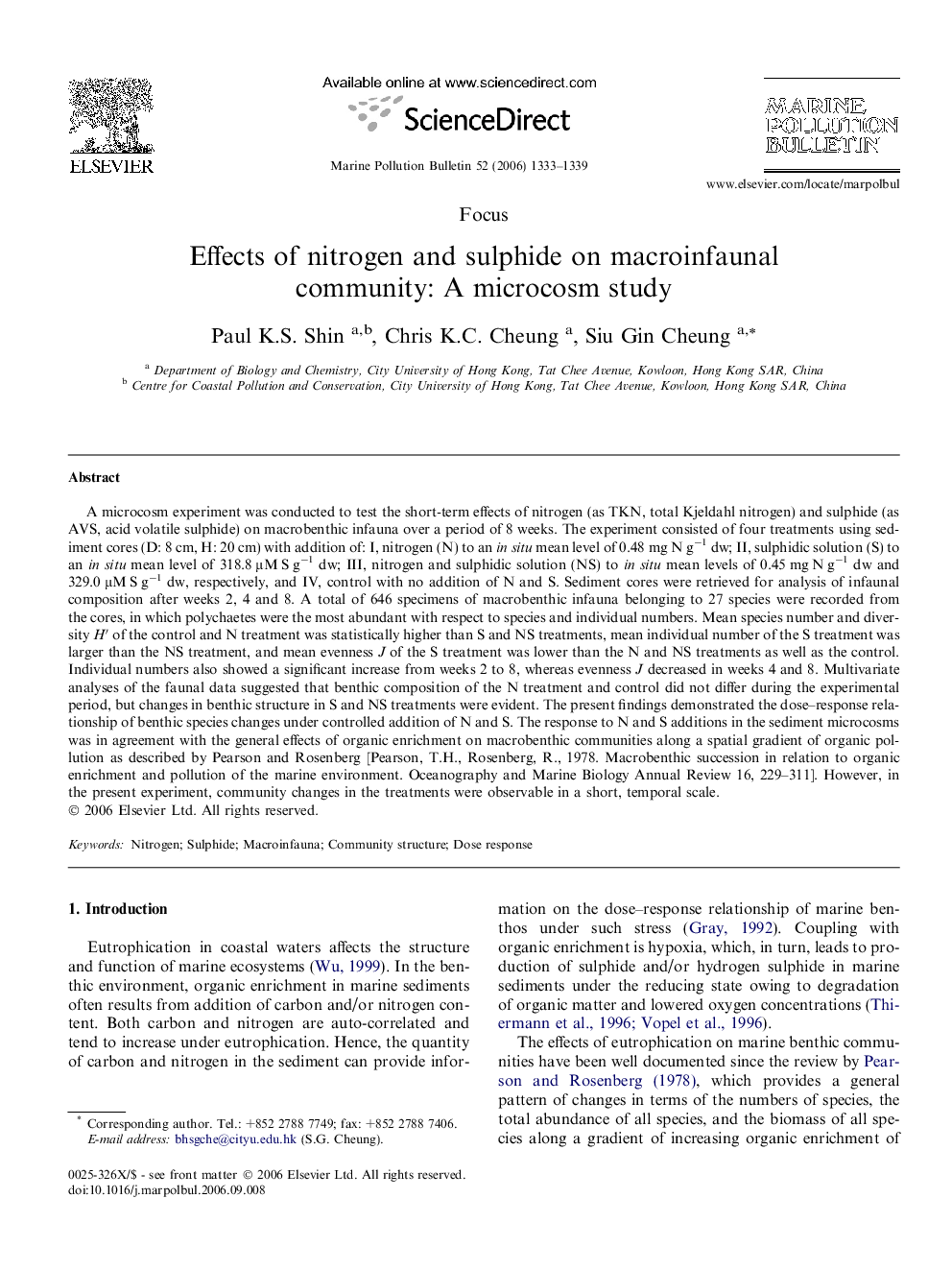 Effects of nitrogen and sulphide on macroinfaunal community: A microcosm study