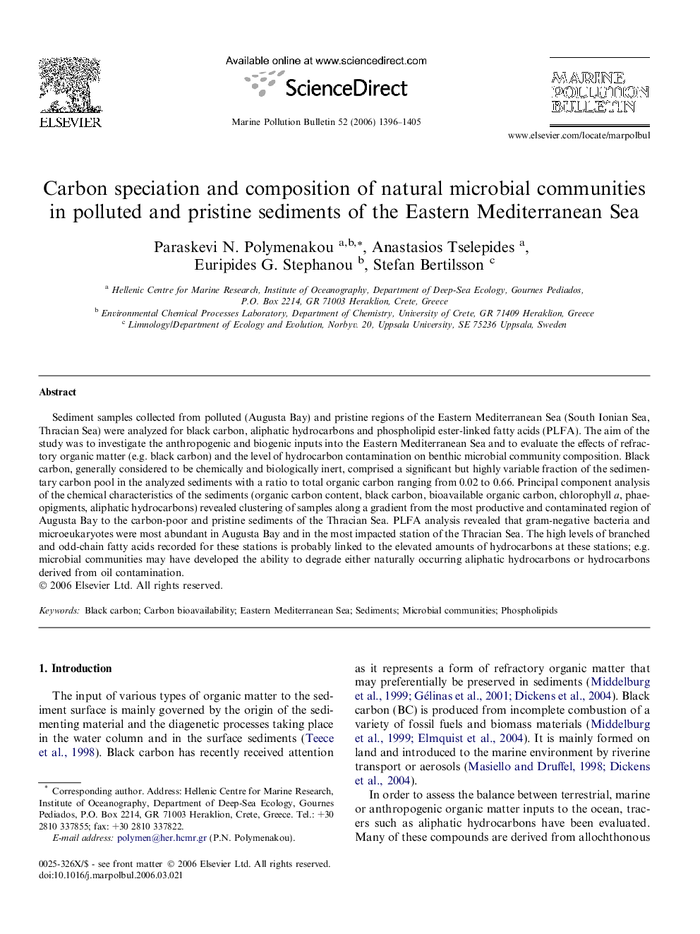 Carbon speciation and composition of natural microbial communities in polluted and pristine sediments of the Eastern Mediterranean Sea