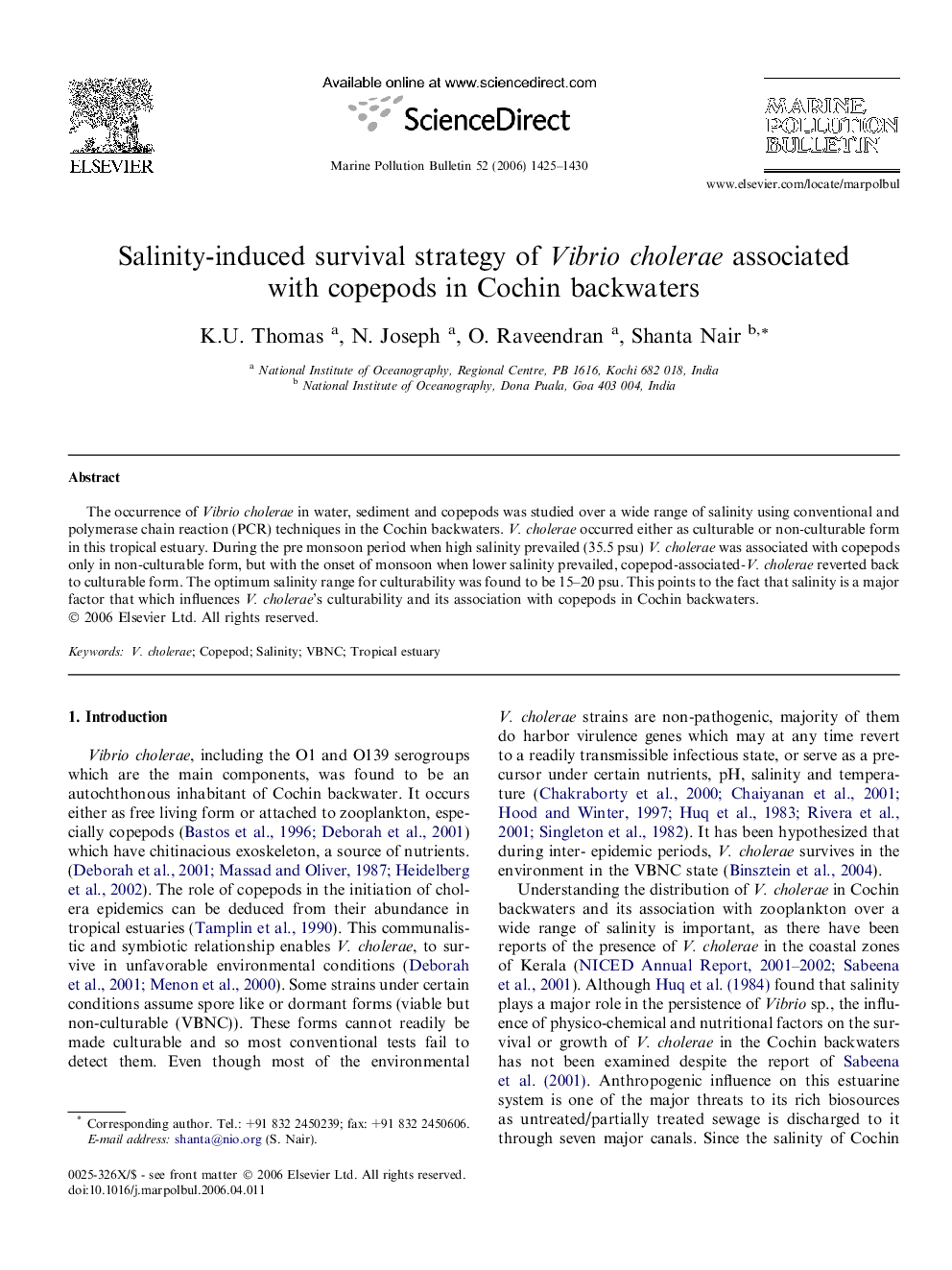 Salinity-induced survival strategy of Vibrio cholerae associated with copepods in Cochin backwaters