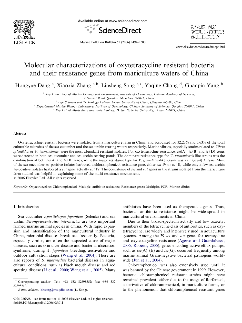 Molecular characterizations of oxytetracycline resistant bacteria and their resistance genes from mariculture waters of China