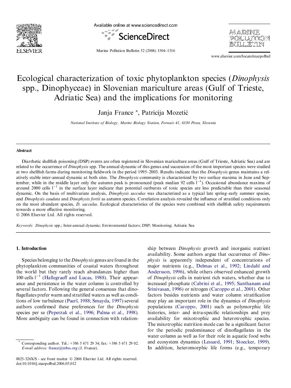 Ecological characterization of toxic phytoplankton species (Dinophysis spp., Dinophyceae) in Slovenian mariculture areas (Gulf of Trieste, Adriatic Sea) and the implications for monitoring