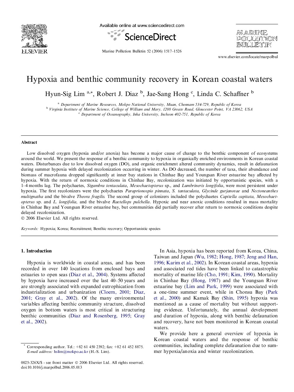 Hypoxia and benthic community recovery in Korean coastal waters