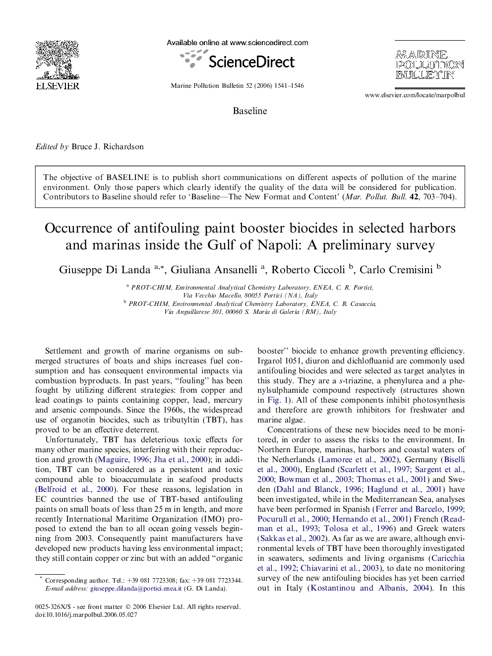 Occurrence of antifouling paint booster biocides in selected harbors and marinas inside the Gulf of Napoli: A preliminary survey