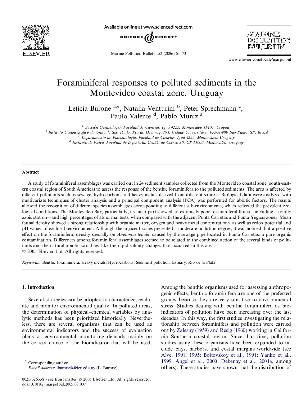 Foraminiferal responses to polluted sediments in the Montevideo coastal zone, Uruguay