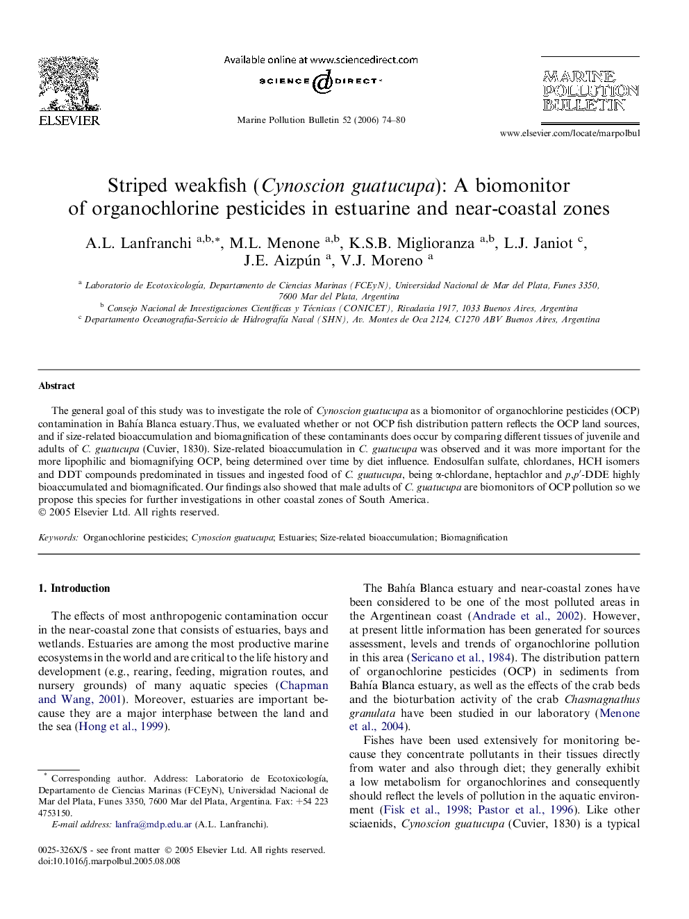 Striped weakfish (Cynoscion guatucupa): A biomonitor of organochlorine pesticides in estuarine and near-coastal zones