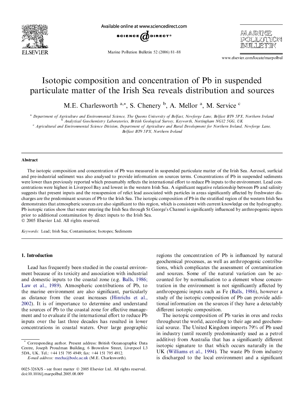 Isotopic composition and concentration of Pb in suspended particulate matter of the Irish Sea reveals distribution and sources