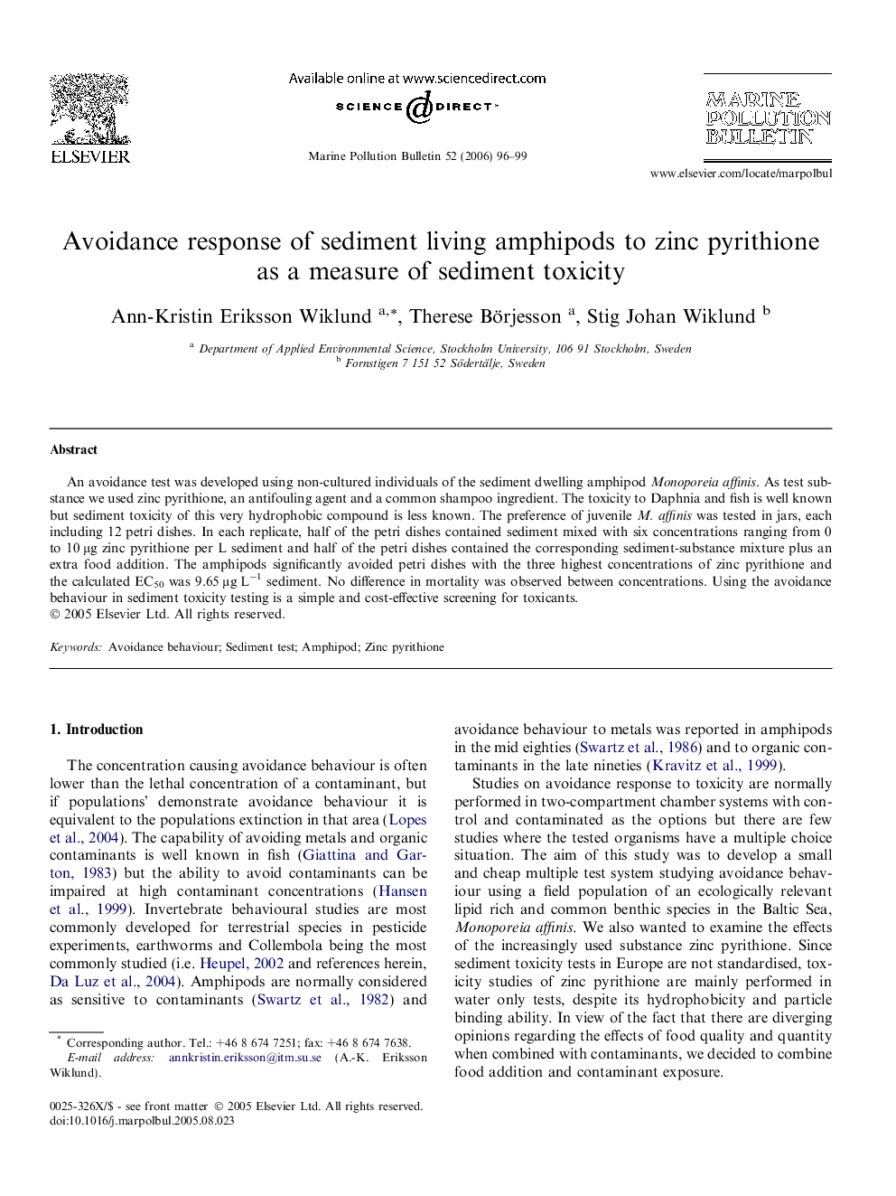 Avoidance response of sediment living amphipods to zinc pyrithione as a measure of sediment toxicity