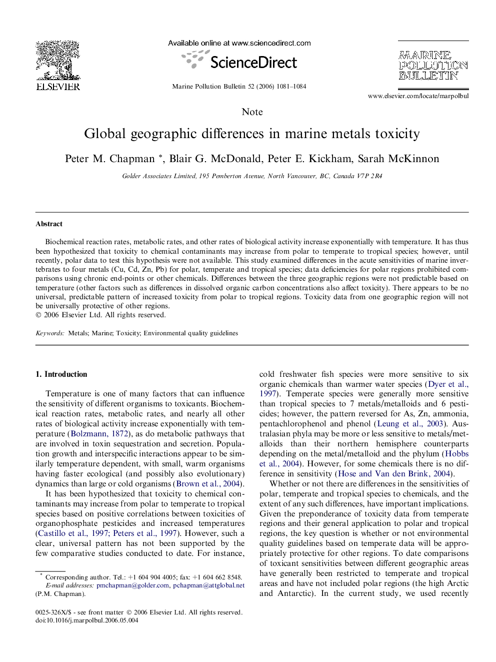 Global geographic differences in marine metals toxicity