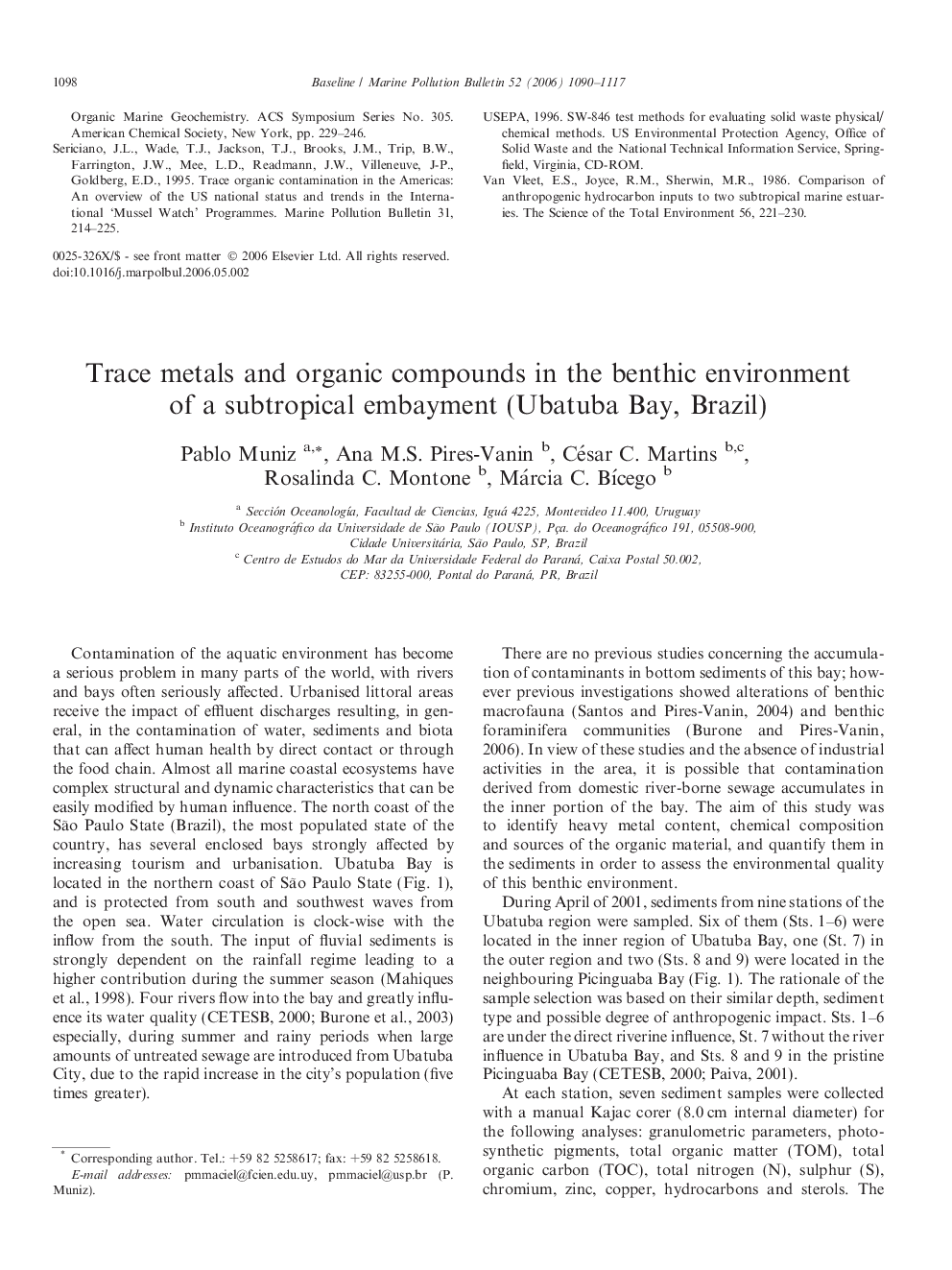 Trace metals and organic compounds in the benthic environment of a subtropical embayment (Ubatuba Bay, Brazil)