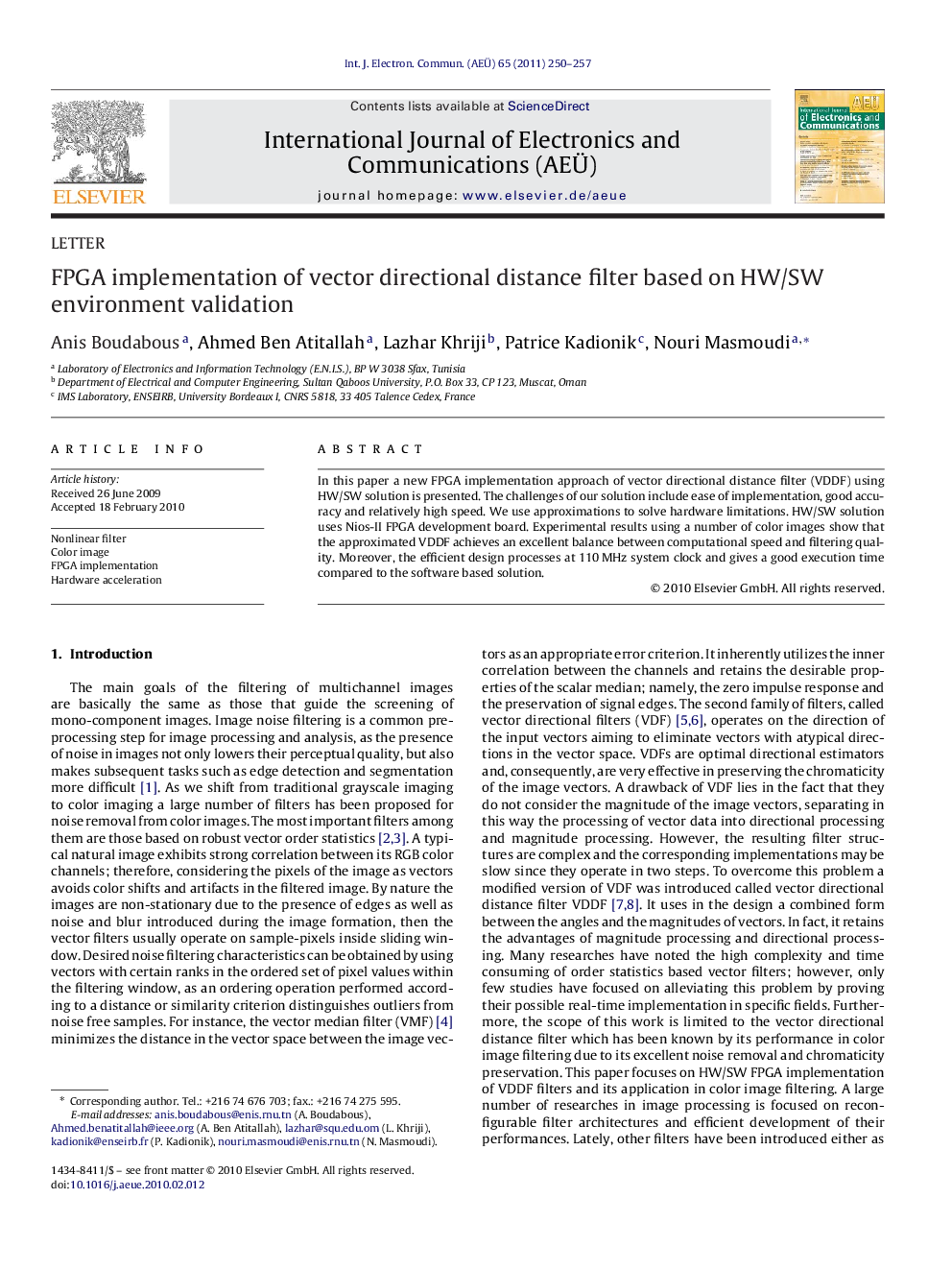 FPGA implementation of vector directional distance filter based on HW/SW environment validation