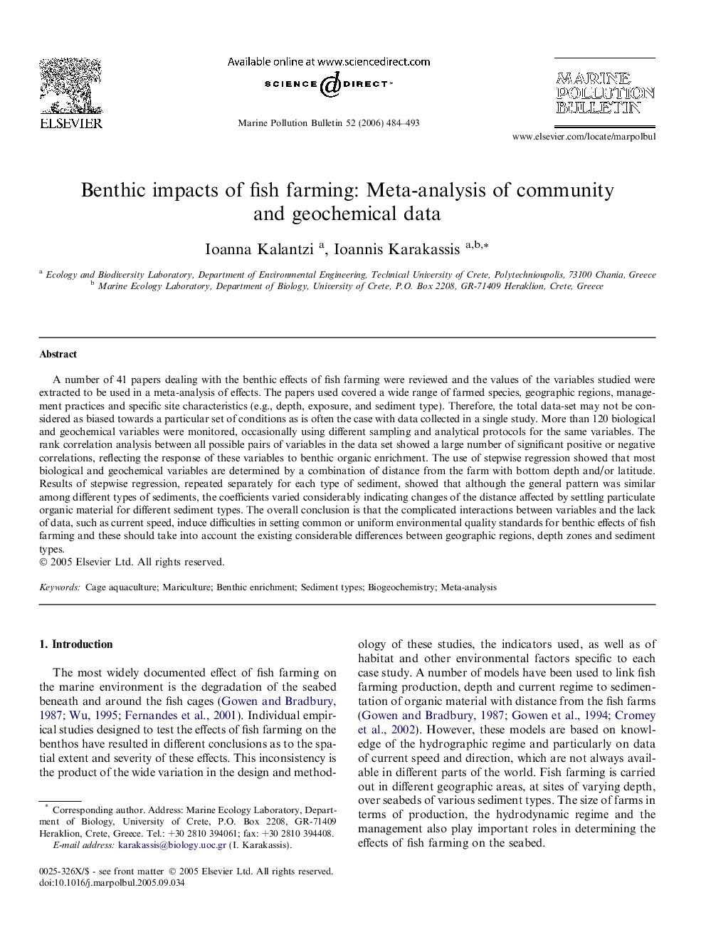 Benthic impacts of fish farming: Meta-analysis of community and geochemical data