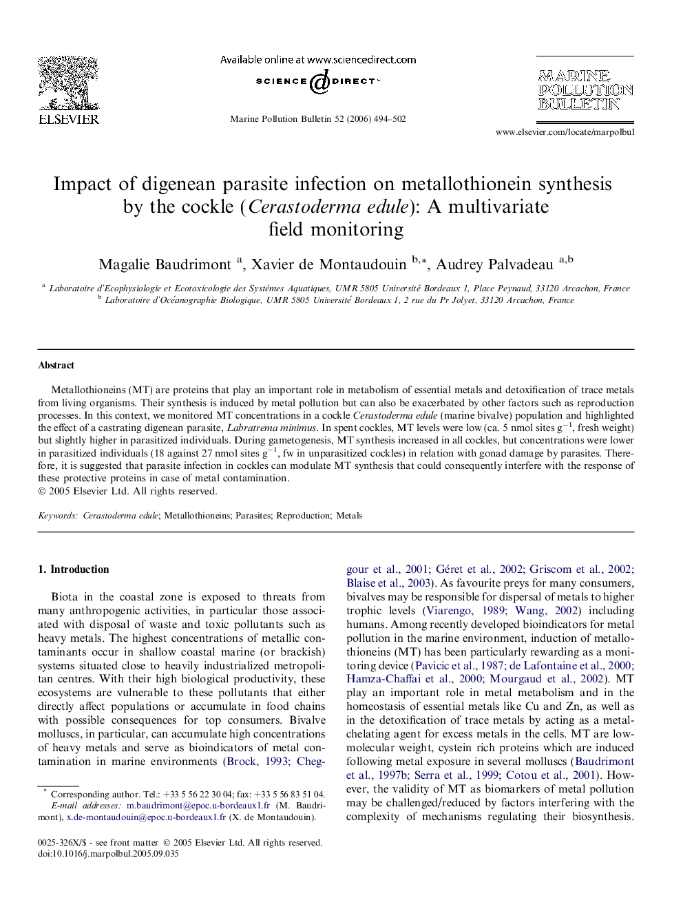 Impact of digenean parasite infection on metallothionein synthesis by the cockle (Cerastoderma edule): A multivariate field monitoring