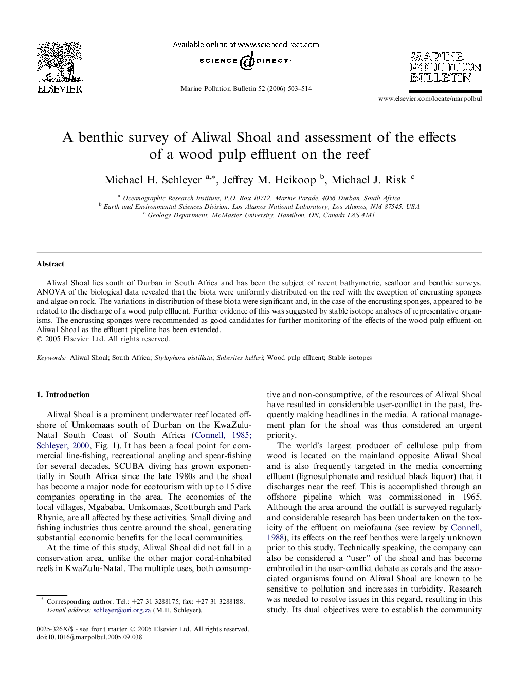 A benthic survey of Aliwal Shoal and assessment of the effects of a wood pulp effluent on the reef