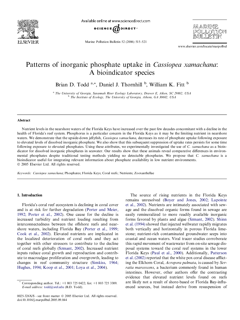 Patterns of inorganic phosphate uptake in Cassiopea xamachana: A bioindicator species