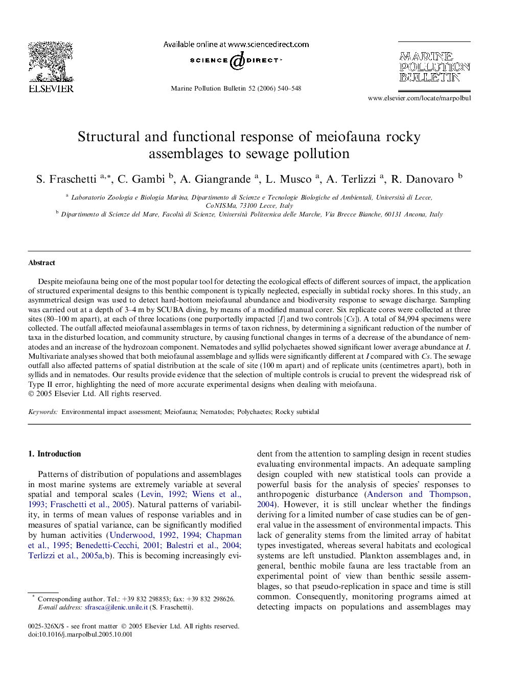 Structural and functional response of meiofauna rocky assemblages to sewage pollution