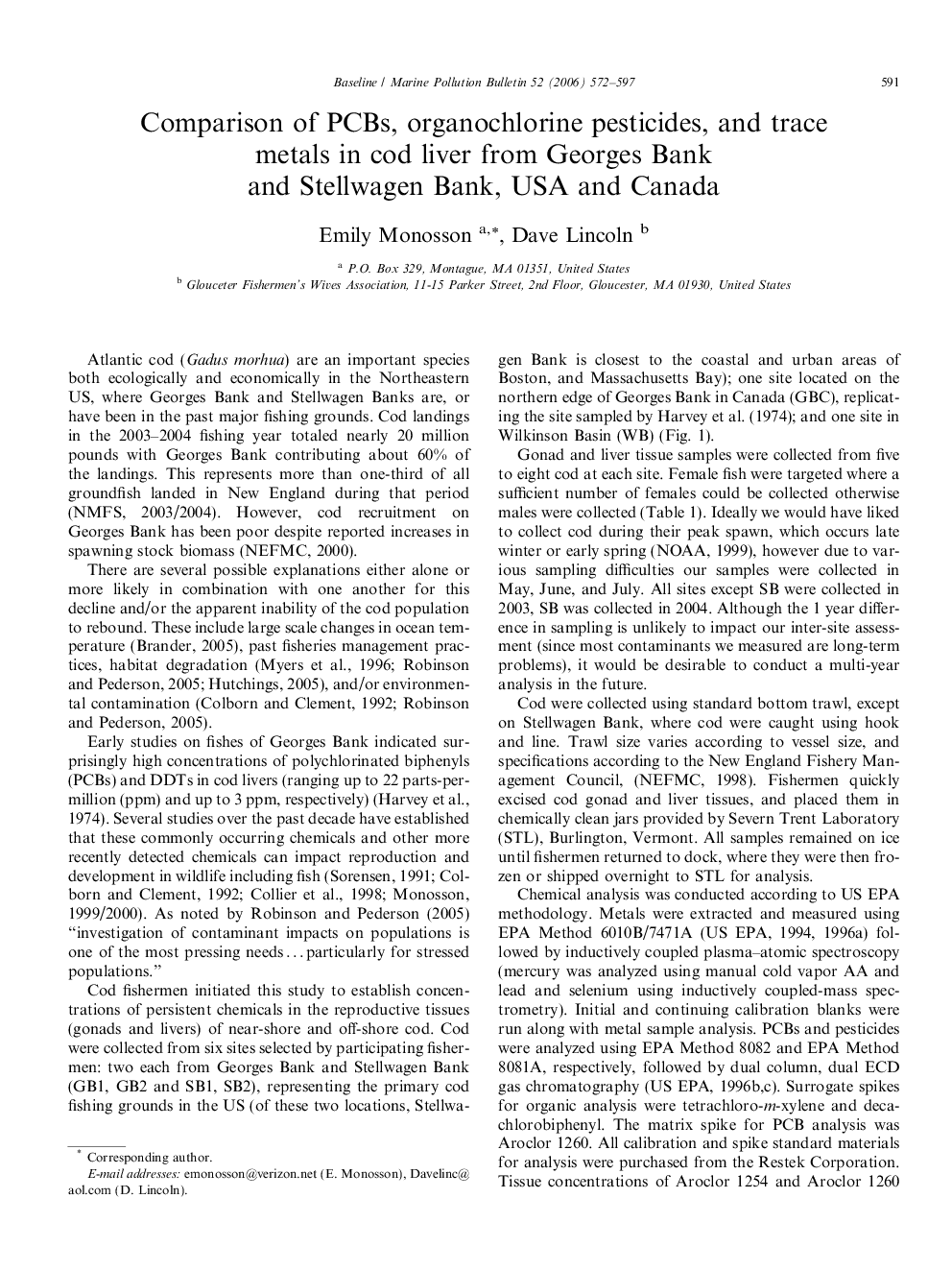 Comparison of PCBs, organochlorine pesticides, and trace metals in cod liver from Georges Bank and Stellwagen Bank, USA and Canada