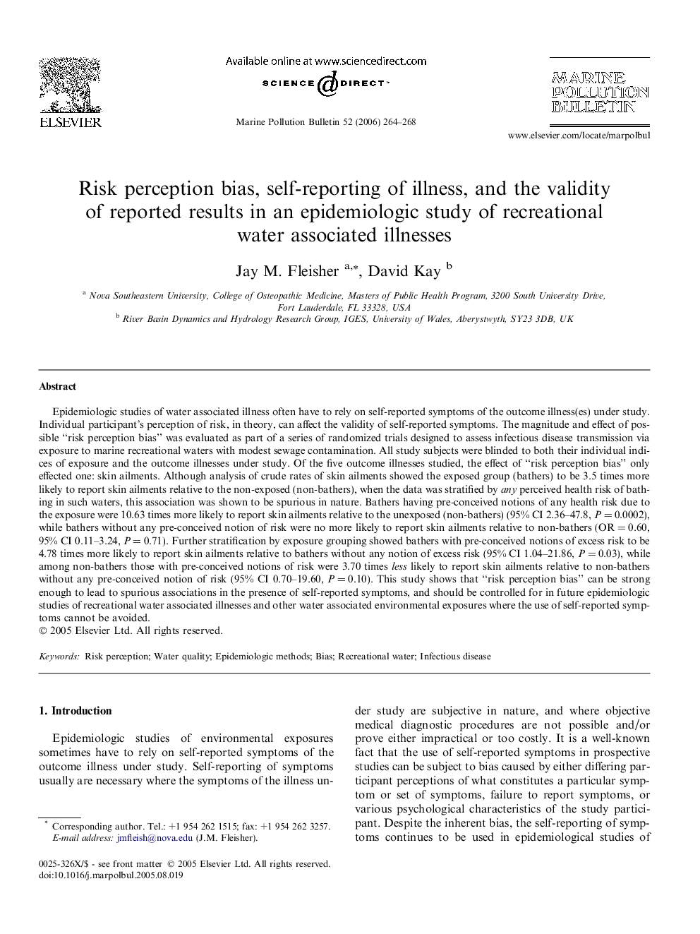 Risk perception bias, self-reporting of illness, and the validity of reported results in an epidemiologic study of recreational water associated illnesses