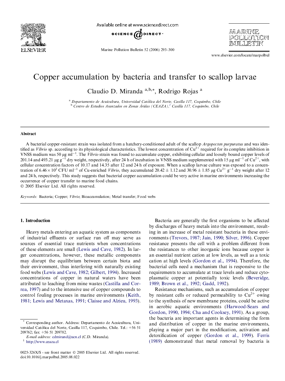 Copper accumulation by bacteria and transfer to scallop larvae