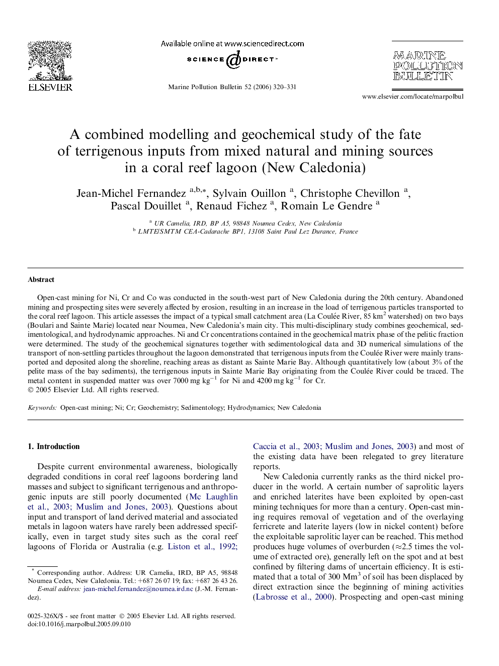 A combined modelling and geochemical study of the fate of terrigenous inputs from mixed natural and mining sources in a coral reef lagoon (New Caledonia)