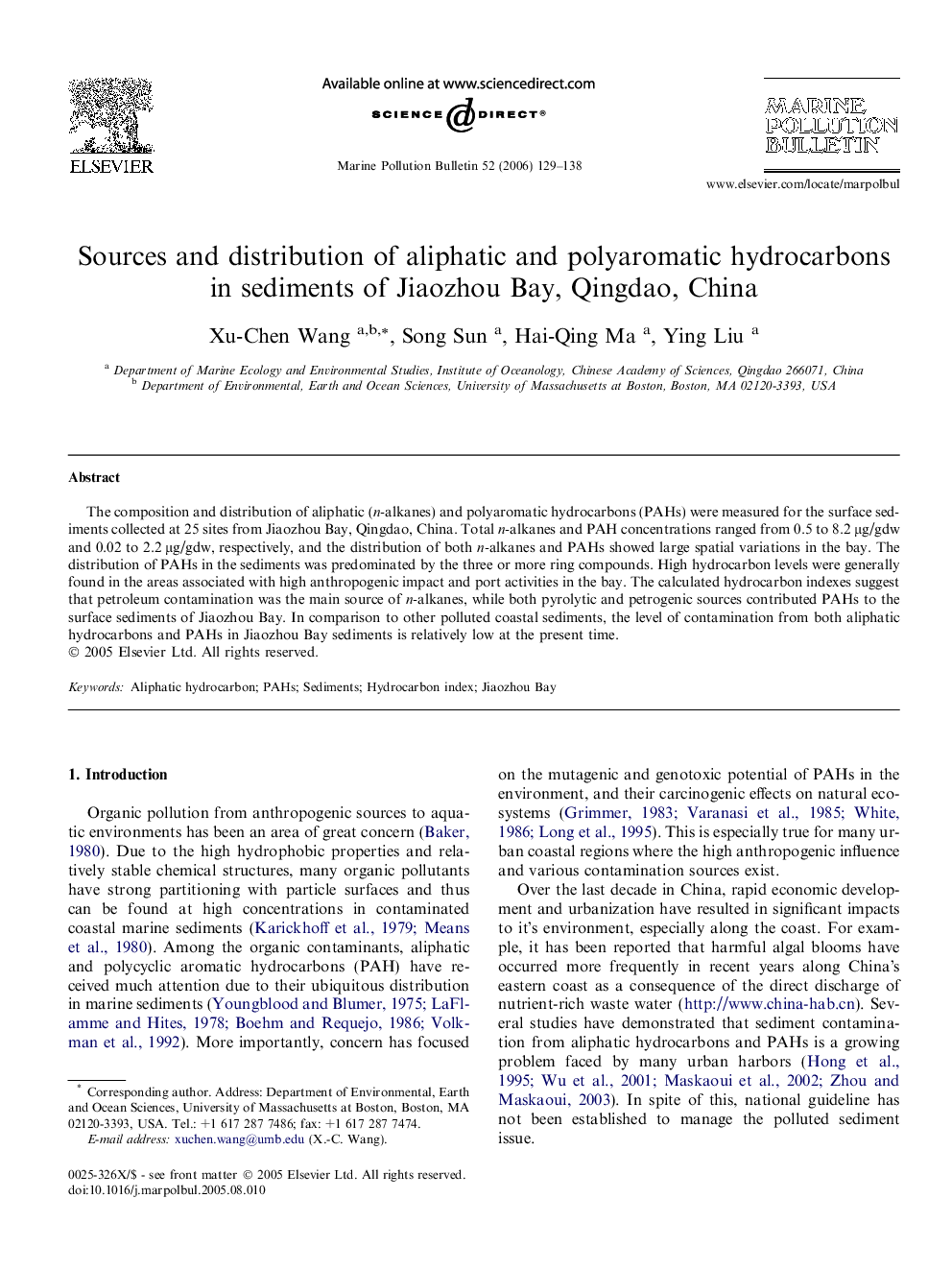 Sources and distribution of aliphatic and polyaromatic hydrocarbons in sediments of Jiaozhou Bay, Qingdao, China