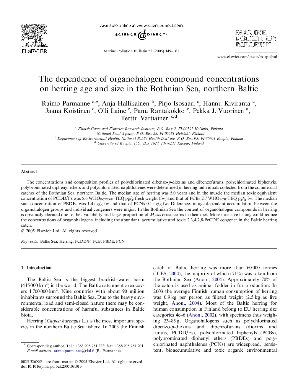 The dependence of organohalogen compound concentrations on herring age and size in the Bothnian Sea, northern Baltic