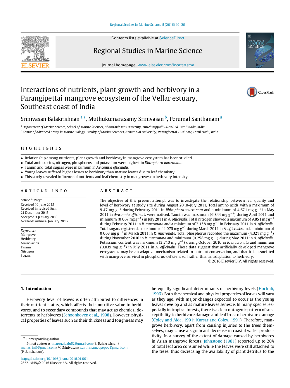 Interactions of nutrients, plant growth and herbivory in a Parangipettai mangrove ecosystem of the Vellar estuary, Southeast coast of India