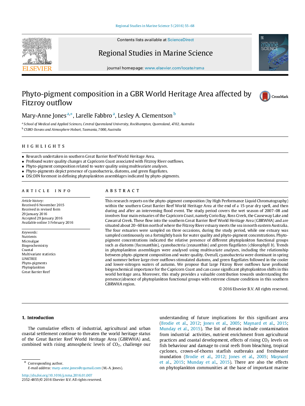 Phyto-pigment composition in a GBR World Heritage Area affected by Fitzroy outflow