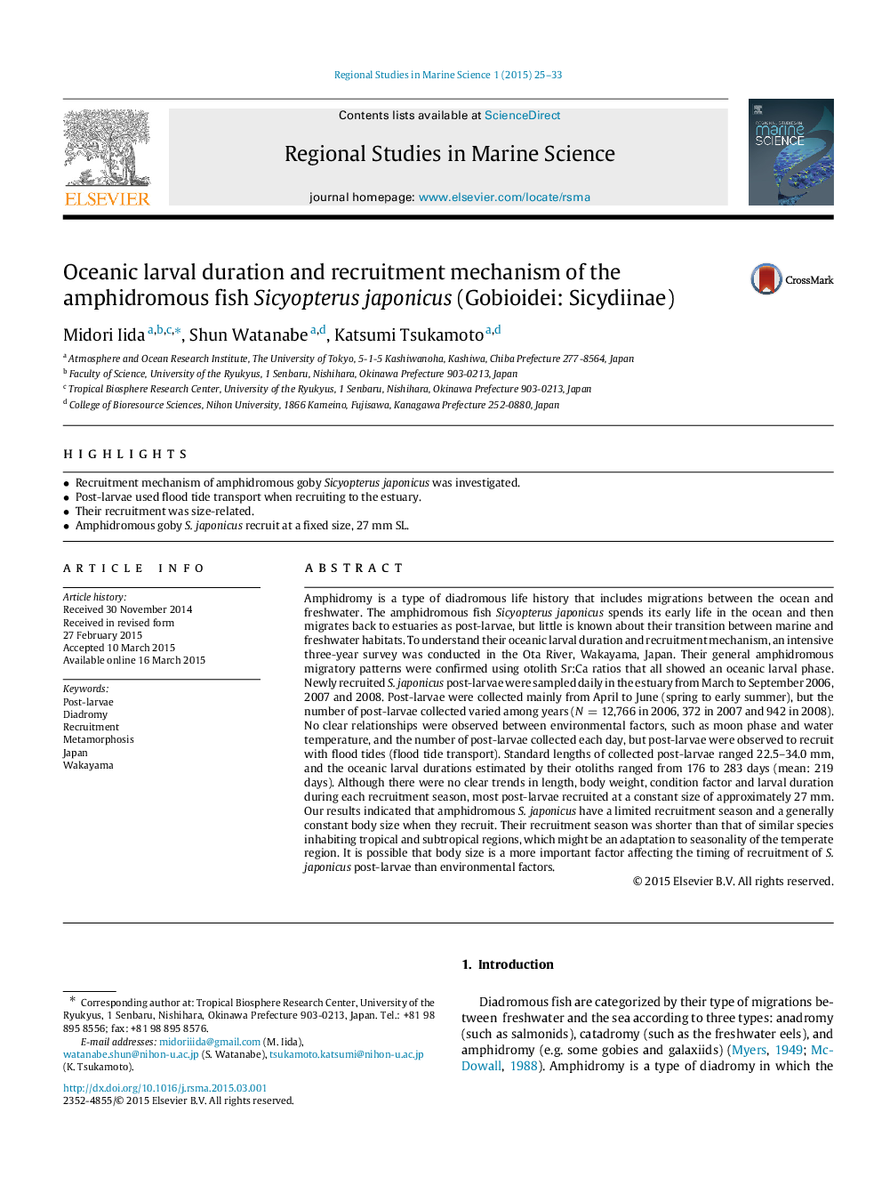 Oceanic larval duration and recruitment mechanism of the amphidromous fish Sicyopterus japonicus (Gobioidei: Sicydiinae)