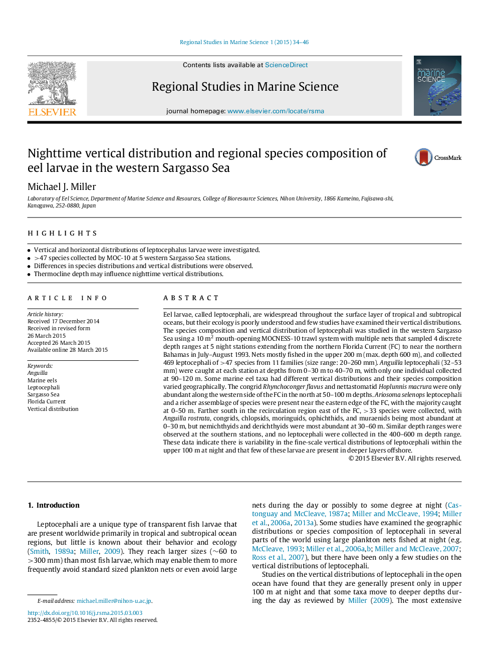 توزیع عمودی شبانه و ترکیب گونه های منطقه ای لارو قوچ در دریای سرژاسو غربی 
