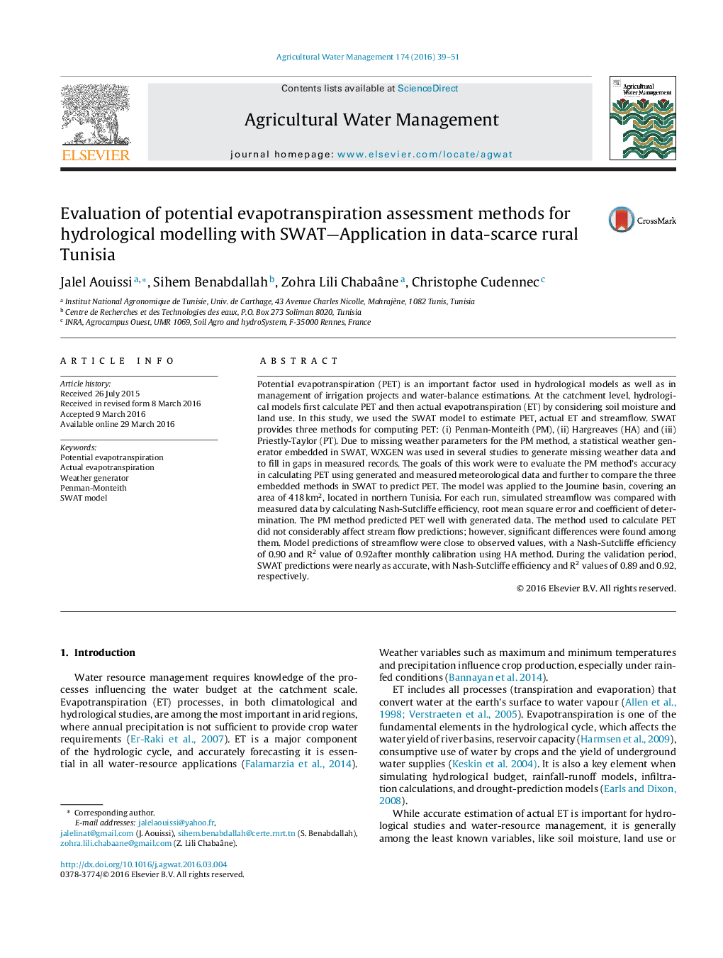 Evaluation of potential evapotranspiration assessment methods for hydrological modelling with SWAT—Application in data-scarce rural Tunisia