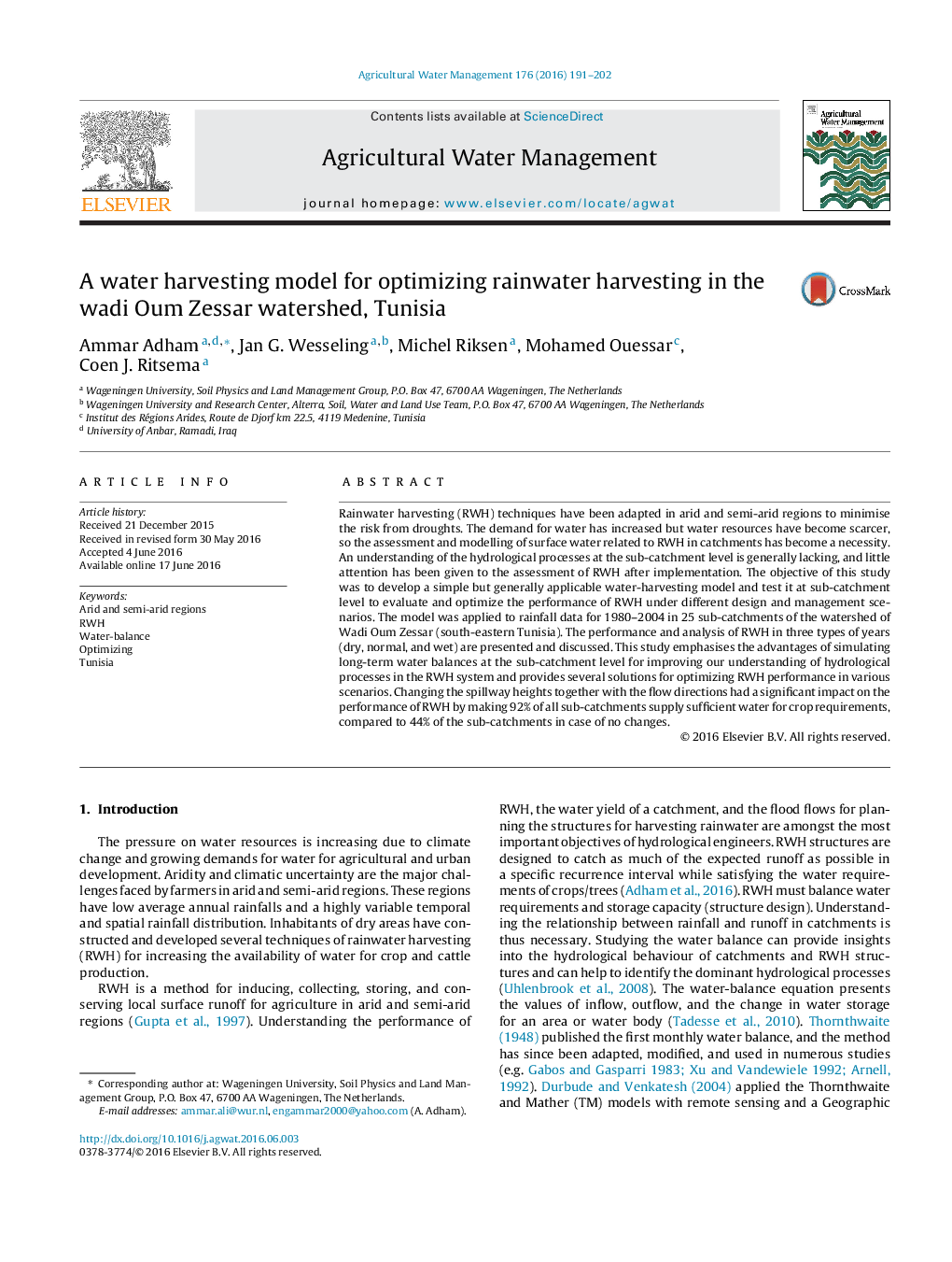 A water harvesting model for optimizing rainwater harvesting in the wadi Oum Zessar watershed, Tunisia