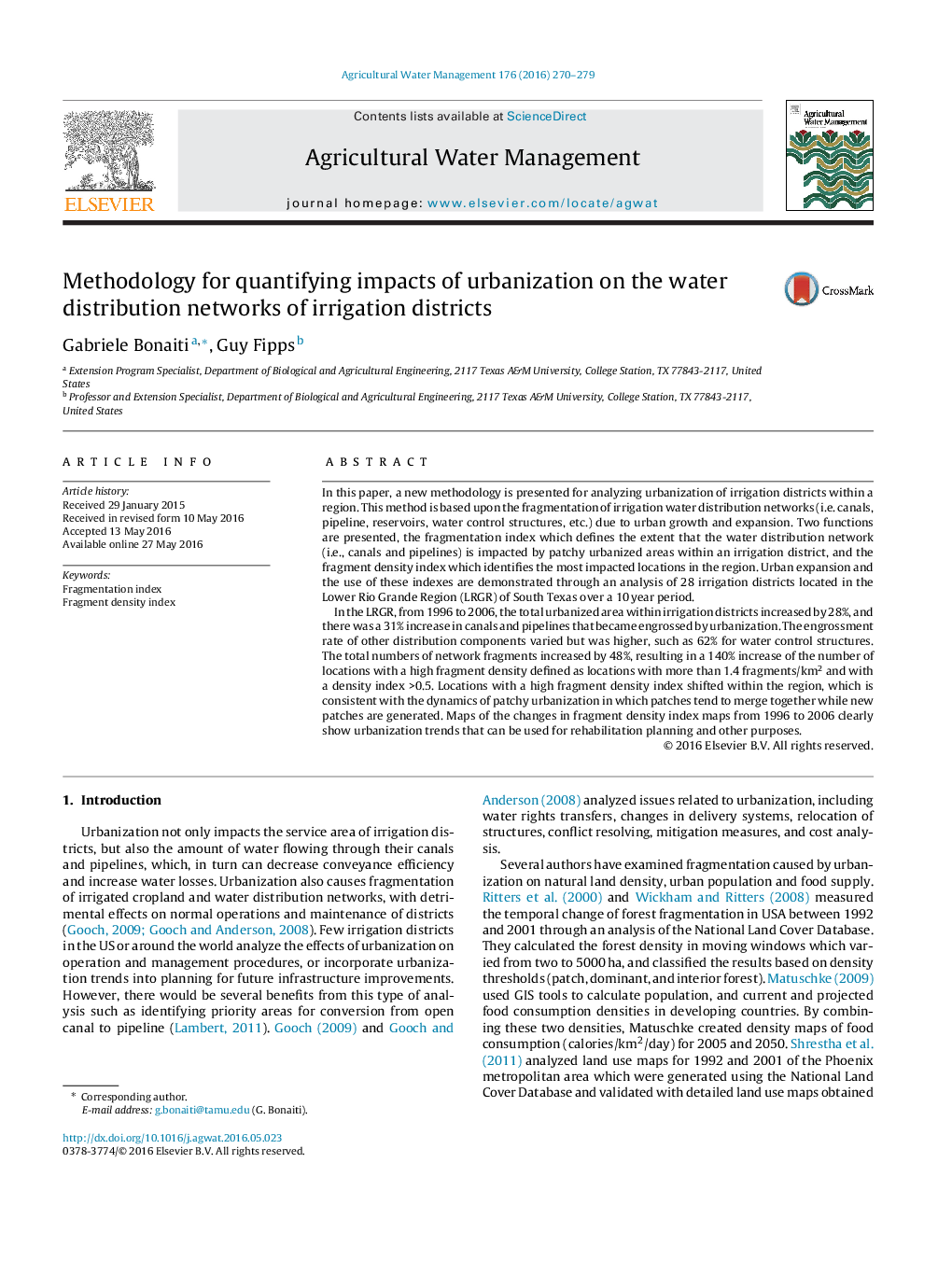 Methodology for quantifying impacts of urbanization on the water distribution networks of irrigation districts