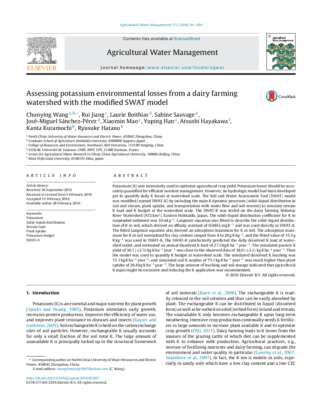 Assessing potassium environmental losses from a dairy farming watershed with the modified SWAT model