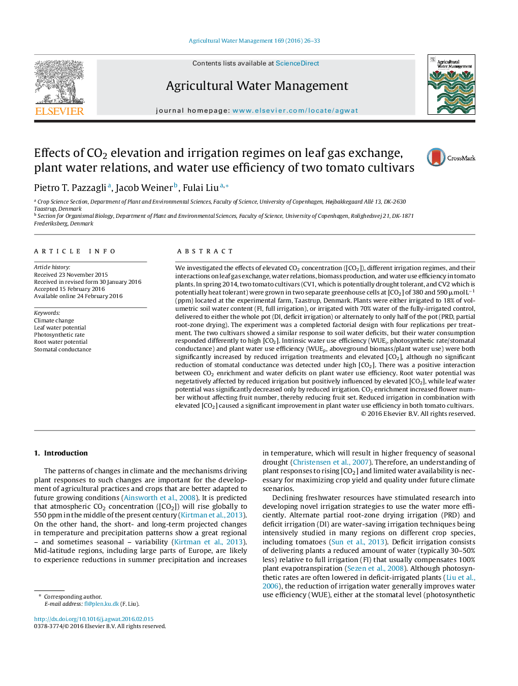 Effects of CO2 elevation and irrigation regimes on leaf gas exchange, plant water relations, and water use efficiency of two tomato cultivars