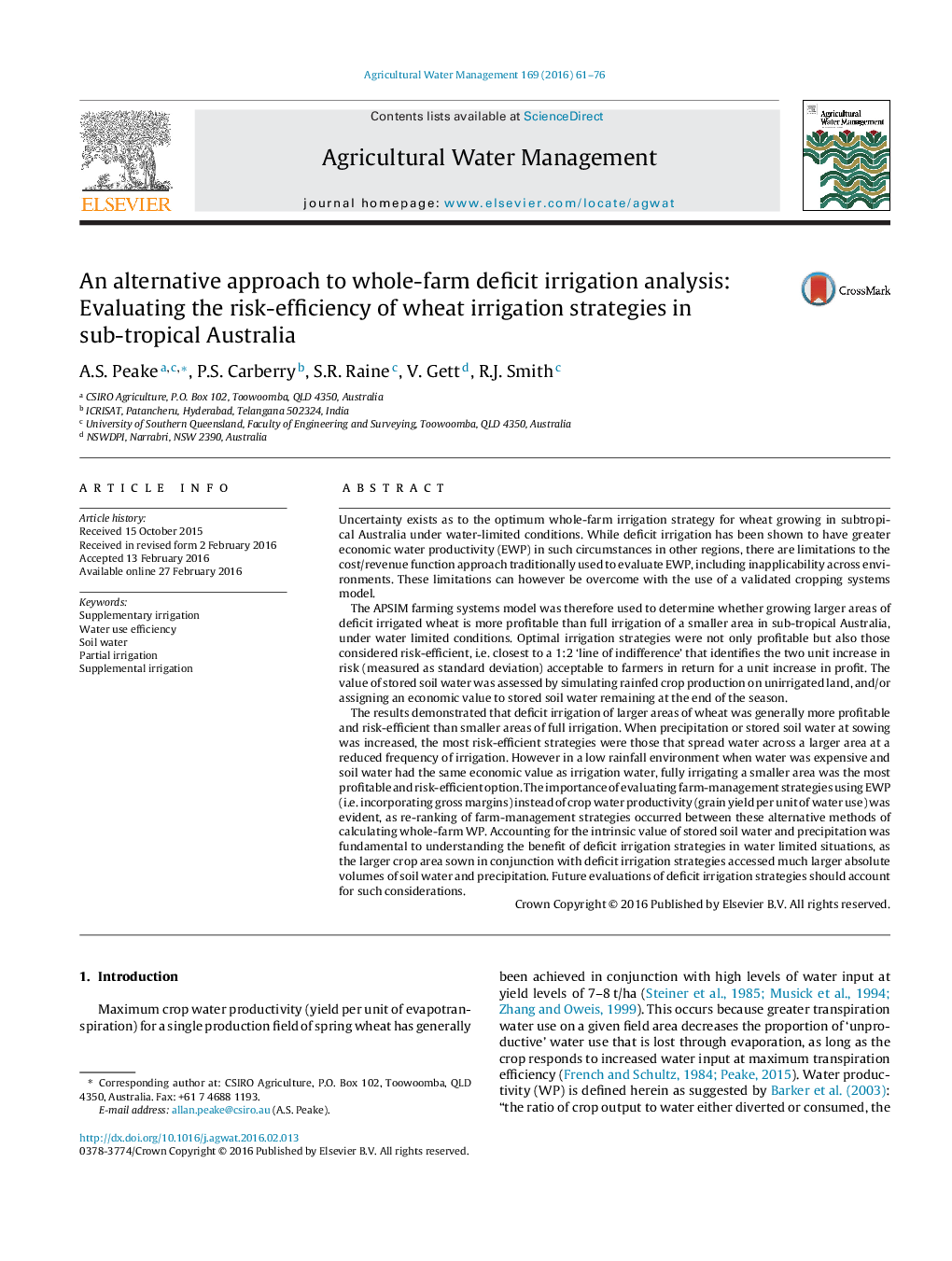 An alternative approach to whole-farm deficit irrigation analysis: Evaluating the risk-efficiency of wheat irrigation strategies in sub-tropical Australia