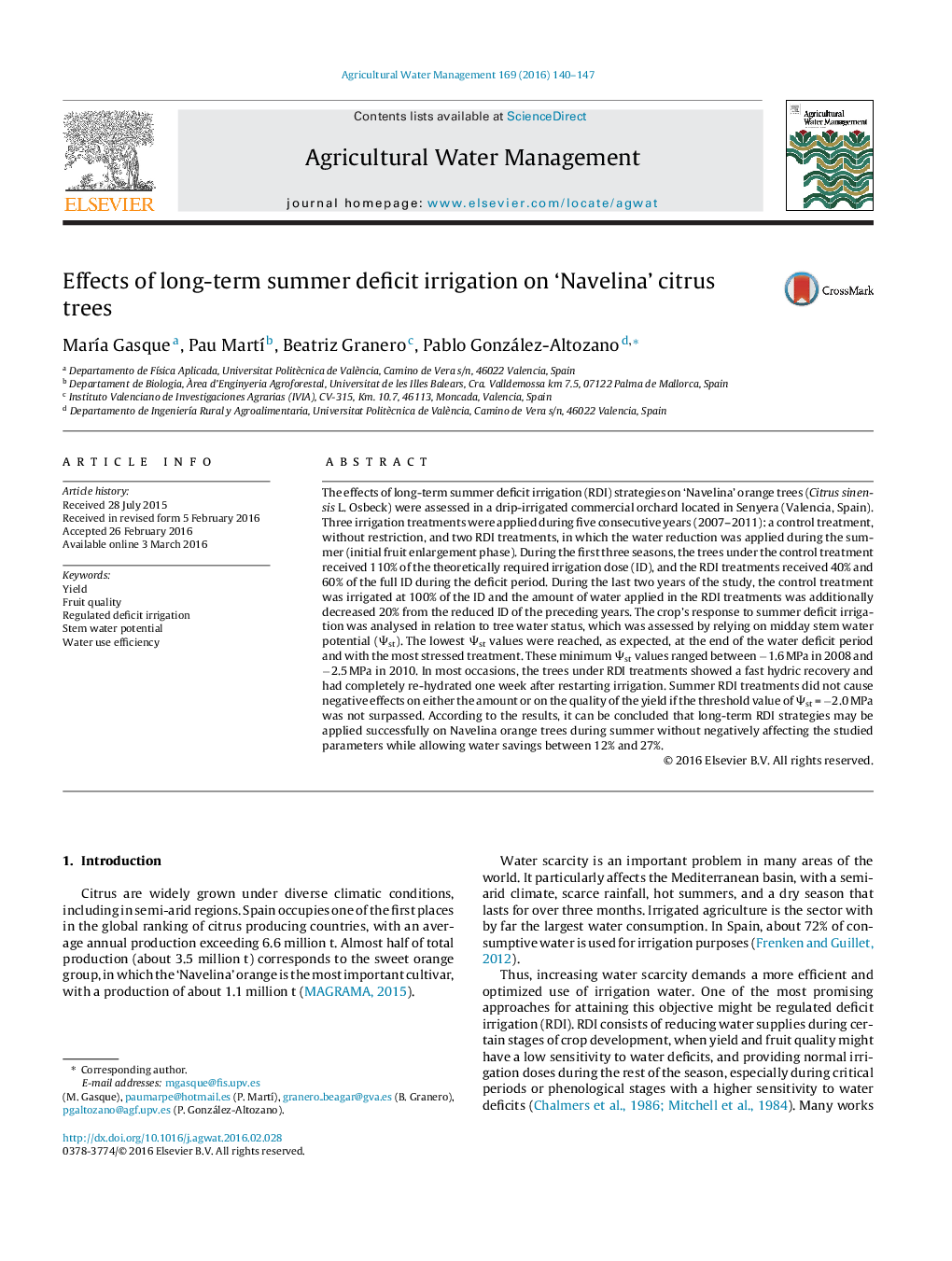 Effects of long-term summer deficit irrigation on ‘Navelina’ citrus trees