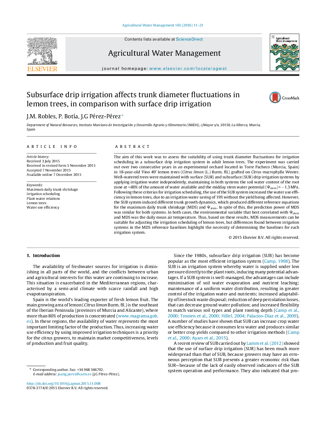 Subsurface drip irrigation affects trunk diameter fluctuations in lemon trees, in comparison with surface drip irrigation