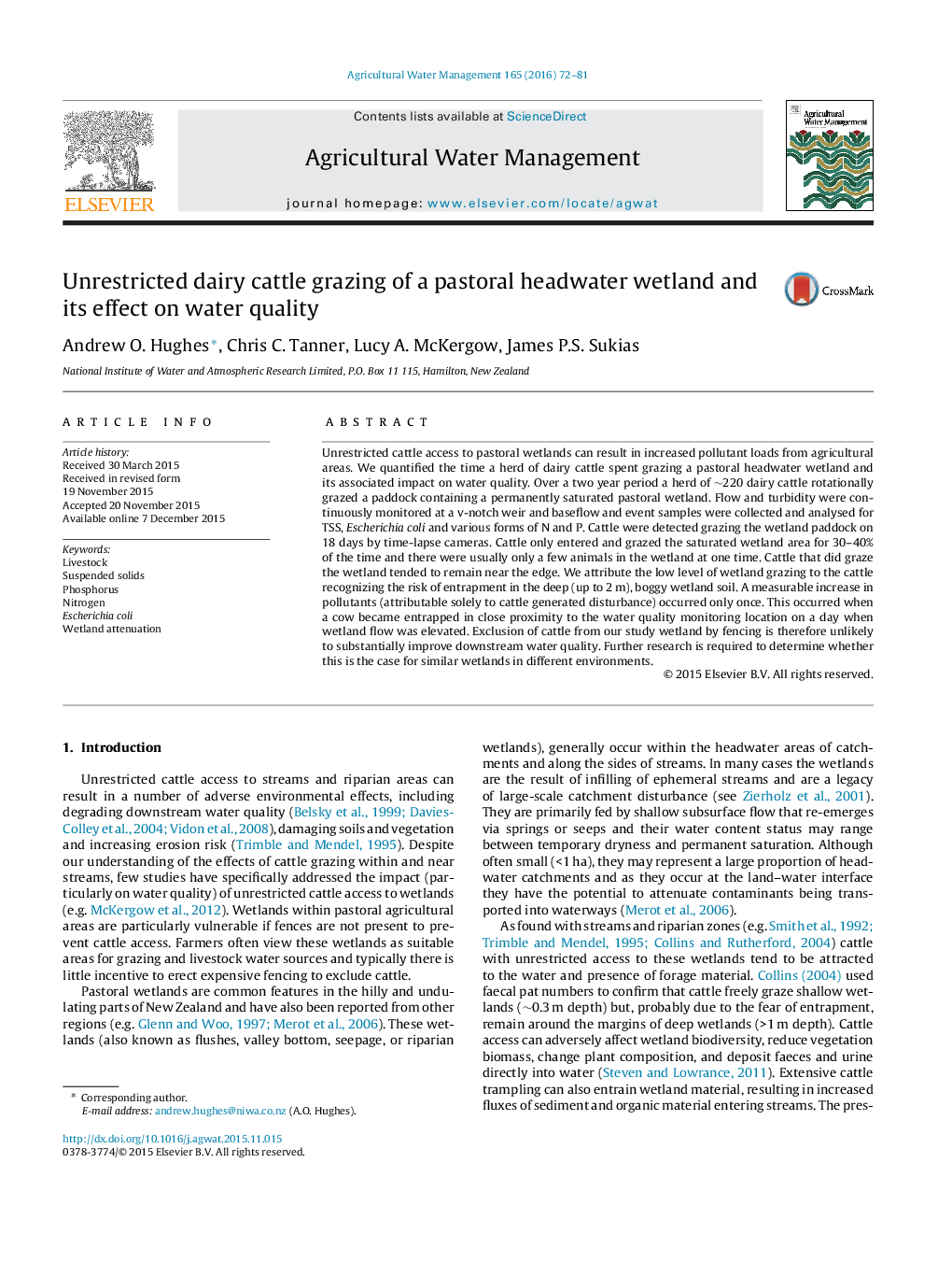 Unrestricted dairy cattle grazing of a pastoral headwater wetland and its effect on water quality