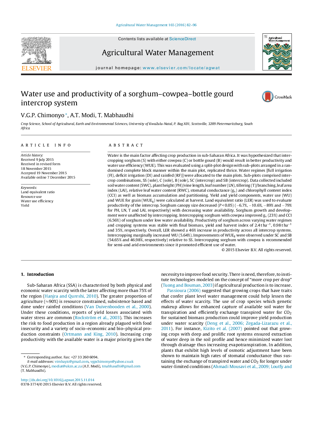 Water use and productivity of a sorghum–cowpea–bottle gourd intercrop system