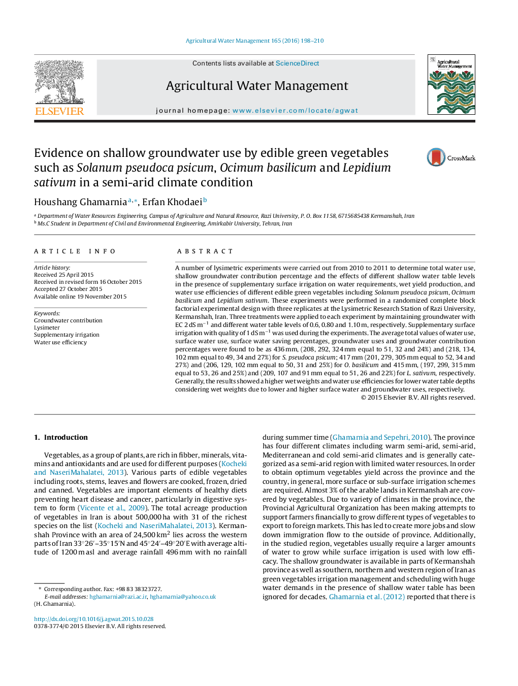 Evidence on shallow groundwater use by edible green vegetables such as Solanum pseudoca psicum, Ocimum basilicum and Lepidium sativum in a semi-arid climate condition