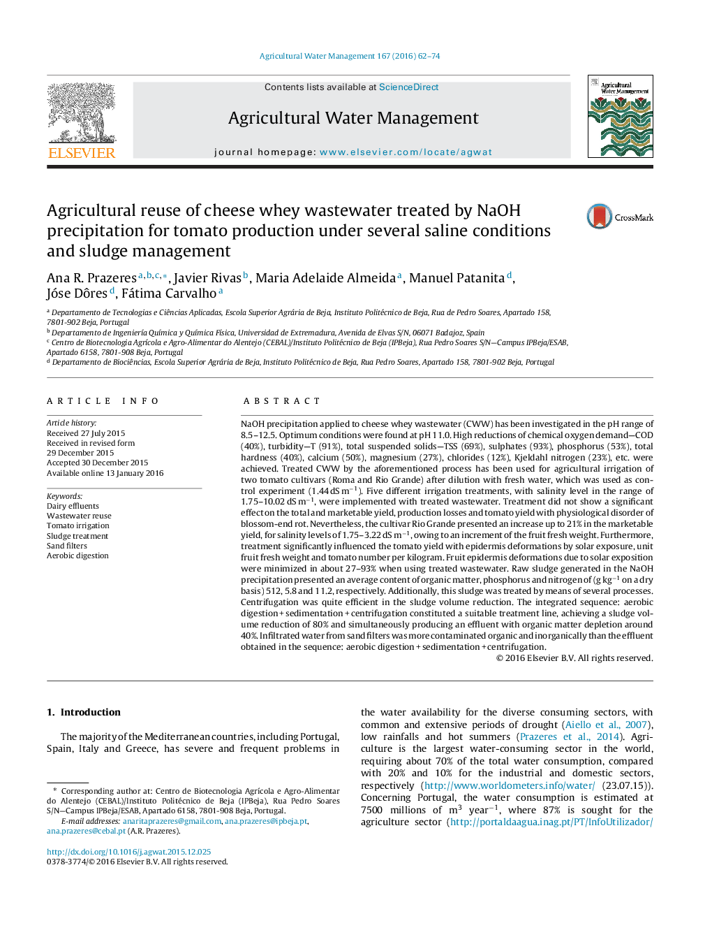 Agricultural reuse of cheese whey wastewater treated by NaOH precipitation for tomato production under several saline conditions and sludge management