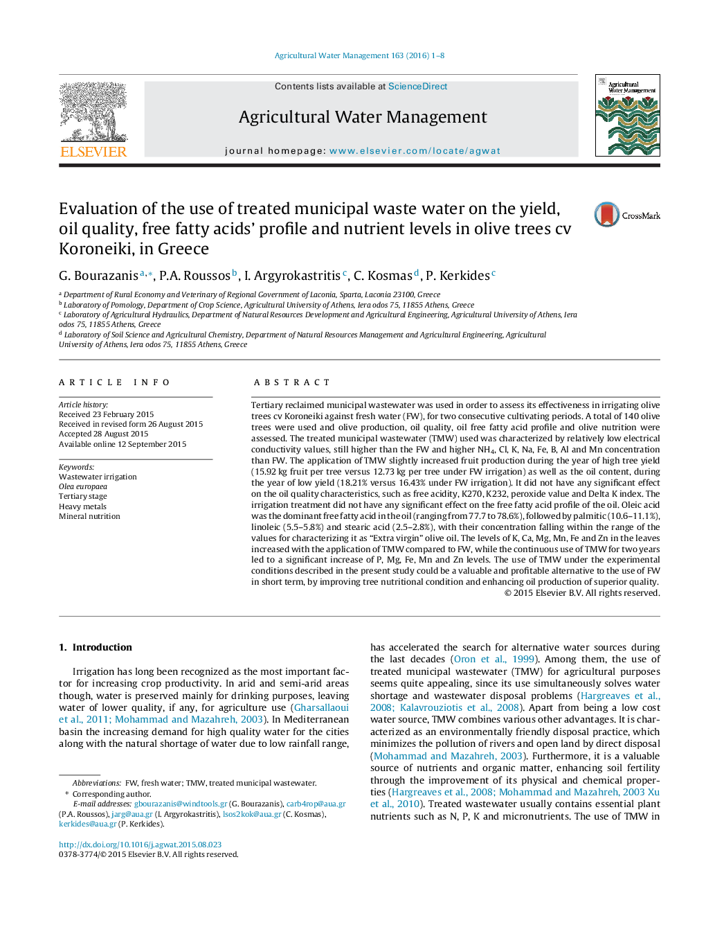 Evaluation of the use of treated municipal waste water on the yield, oil quality, free fatty acids’ profile and nutrient levels in olive trees cv Koroneiki, in Greece